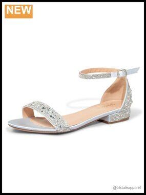 Wide Width 1 Inch Low Block Heel Rhinestone Ankle Strap Sandals